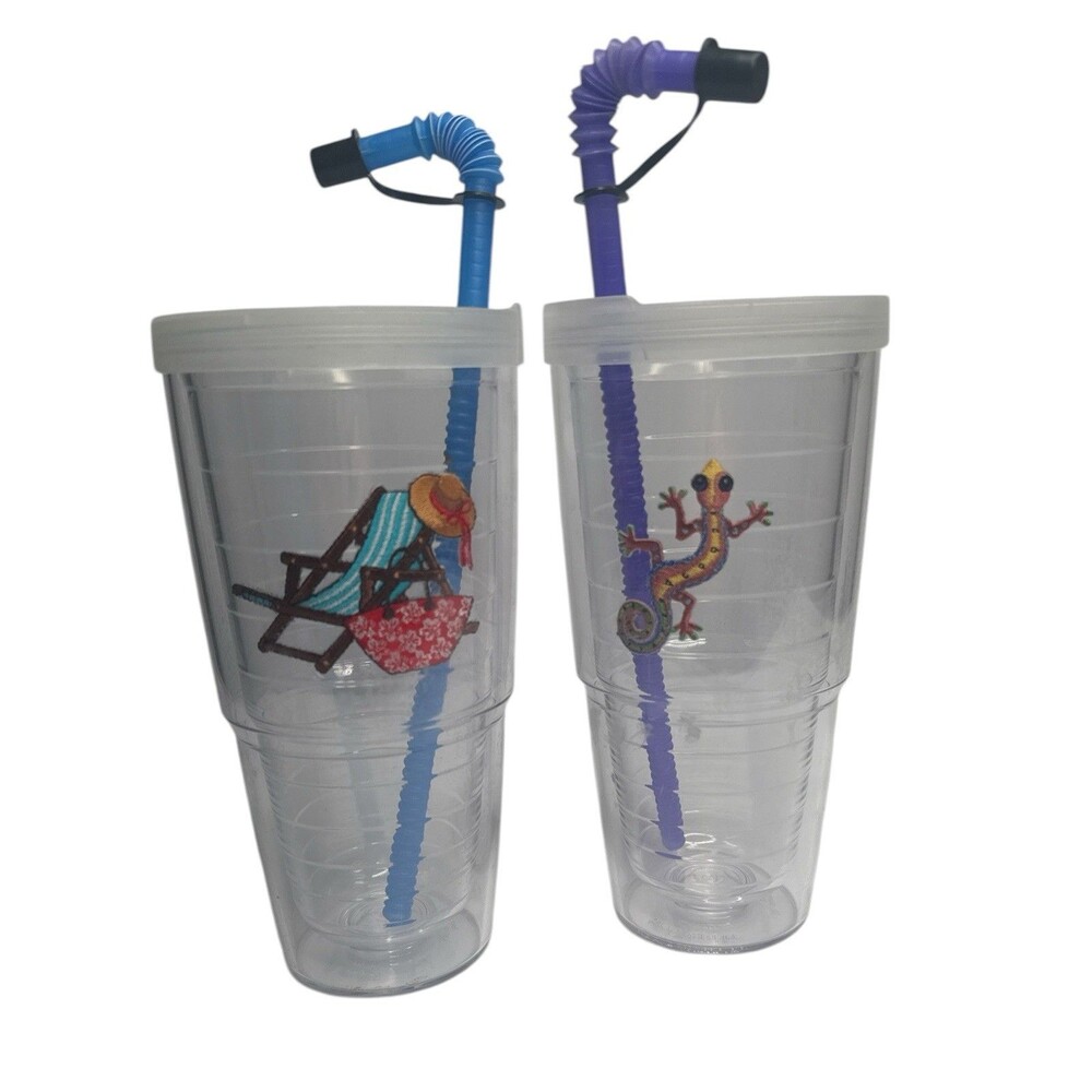 Tervis Tumbler Set 2 Insulated Cups Lid Straw Gecko Beach Chair 24oz
